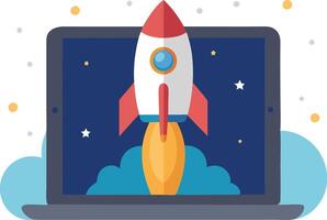 Rocket blasting off from a laptop screen, symbolizing technological innovation, online success, and business growth vector