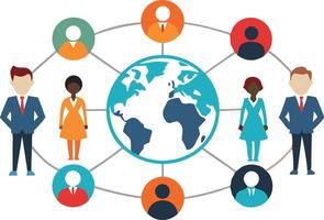 Illustration of people connected by a global network symbolizing teamwork, communication, and collaboration vector