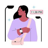 FEMTECH. Technologies for women's wellbeing and security. Girl walking vector