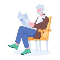 Old man reading newspaper flat illustration vector
