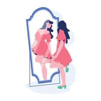 Girl esteeming in front of mirror, flat illustration vector