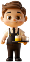Cute 3D character icon of a full-body waiter, wearing a uniform and holding a tray with drinks, png