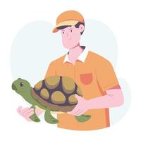 A man holding a zoo turtle, flat style illustration vector