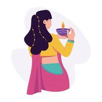 Indian woman celebrating diwali event, flat illustration vector