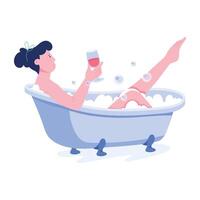 A flat illustration showing woman drinking while bathing vector