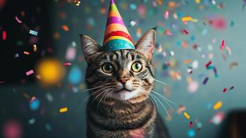 A tabby cat wearing a colorful party hat photo