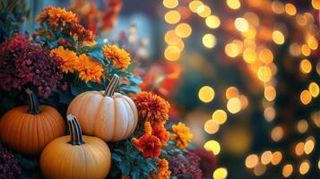 Colorful pumpkins and autumn flowers surrounded by bokeh lights photo