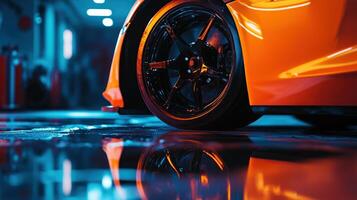 Close-up of a sports car's wheel in a garage photo