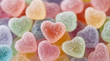 A pile of heartshaped gummy candies in various pastel colors photo