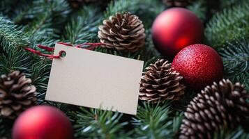 A blank tag placed among pine cones, red ornaments photo