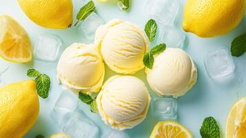 Scoops of lemon ice cream surrounded by fresh lemons and mint photo