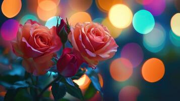 Close-up of vibrant roses with colorful bokeh lights in the background photo