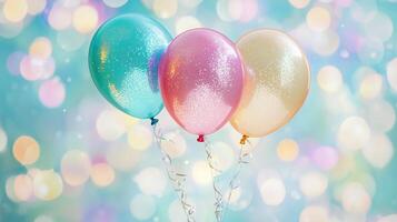 Colorful pastel balloons with glitter, floating against a bokeh background photo