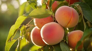 A bunch of peaches are on a leafy branch photo