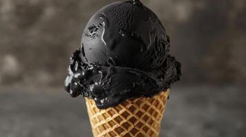 Close-up of black ice cream in waffle cone photo