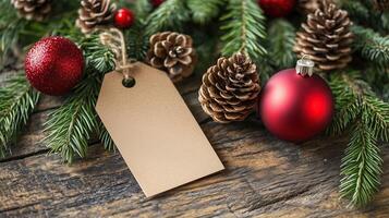 A blank tag placed among pine cones, red ornaments photo