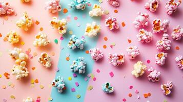 Colorful popcorn with confetti on a pastel background photo