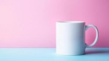 Single white coffee mug in front of pastel pink and blue photo