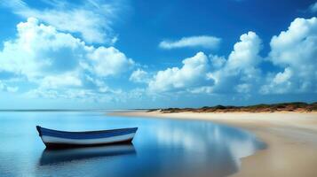A boat floats on a body of water, adjacent to a sandy beach photo