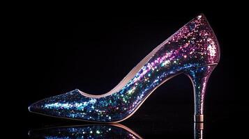 High heel fashion shoes with glitter on black background photo