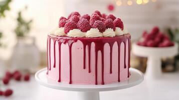 Raspberry cake with icing sits on white stand photo