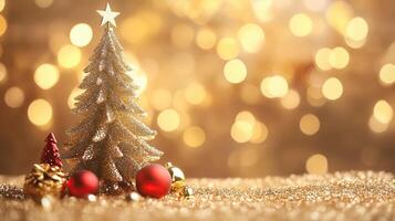 Miniature gold Christmas tree with ornaments and red baubles photo