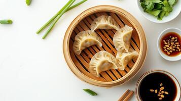 Chinese dumplings on table flat lay view photo