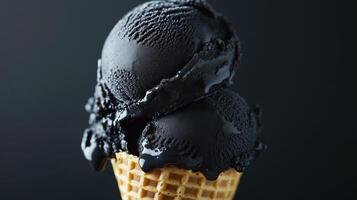 Close-up of black ice cream in waffle cone photo