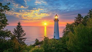 Lighthouse shining brightly at sunset, surrounded by trees photo