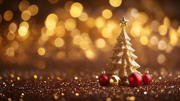 Miniature gold Christmas tree with ornaments and red baubles photo
