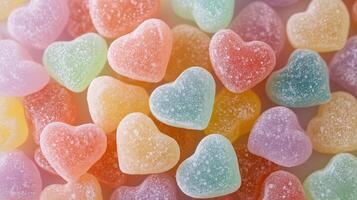 A pile of heartshaped gummy candies in various pastel colors photo
