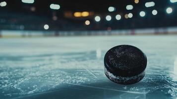 Close-up of a hockey puck on the ice in a stadium photo