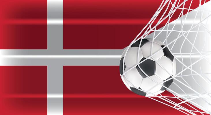 Soccer or Football ball in Goal Net Isolated on Kingdom of Denmark Shaded Flag, Sports Accessory Equipment for Playing Game, Championship and Competition Design Element Realistic 3D