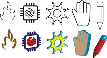 Five icons set include fire fingerprints chip setting hand and pencil to edit 3d and simple icons isolated on transparent white background vector
