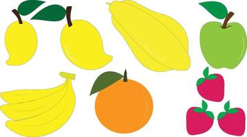 Different types of fruits apple banana strawberry mango papaya and orange isolated on transparent white background vector