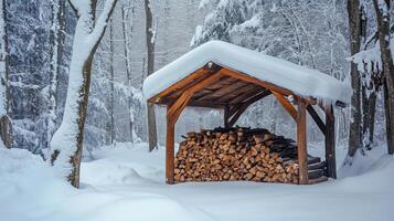 Firewood stack covered in deep snow by wooden structure photo