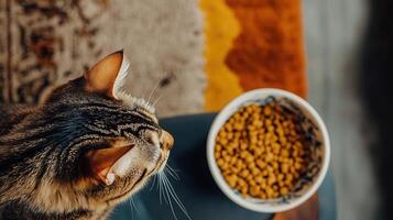 A bowl of dry cat food on the table and a Bengal cat photo