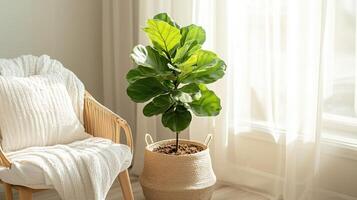 A Fiddle Leaf Fig or Ficus lyrata indoor potted photo