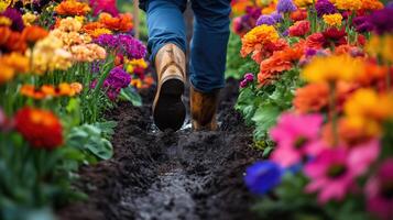 A gardener in boots walking through a muddy flowerbed photo