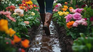 A gardener in boots walking through a muddy flowerbed photo