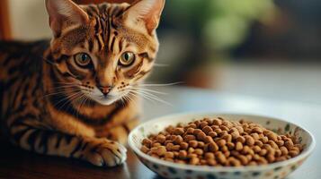 A bowl of dry cat food on the table and a Bengal cat photo
