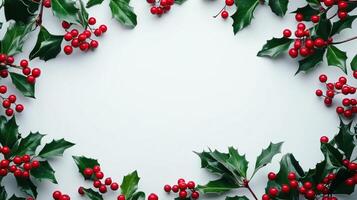 Christmas frame with holly berries with copy space photo