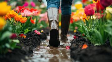 A gardener in boots walking through a muddy flowerbed photo