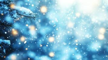 blue bokeh winter banckground with snowflankes photo