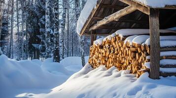 Firewood stack covered in deep snow by wooden structure photo