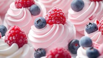 Pink and white meringue swirls with fresh berries photo