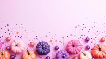 Minimalistic flat lay of purple and pink pumpkins photo
