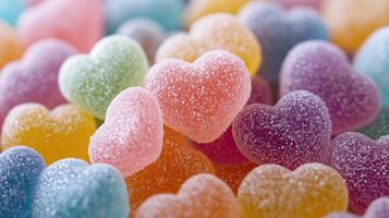 A pile of heartshaped gummy candies in various pastel colors photo