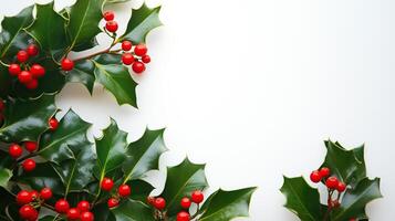 Christmas frame with holly berries with copy space photo
