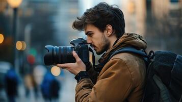 Photographer man viewing his photos on the camera